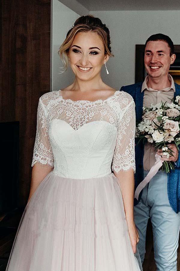 Pink Tulle Lace Backless Half Sleeves Lace Up Wedding Dresses, Bridal Gown, MW742 | cheap lace wedding dress | vintage wedding dresses | bohemian wedding dress | Musebridals