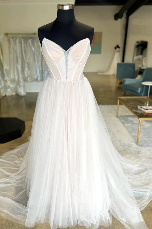 Pleated Tulle A-line Sweetheart Neck Wedding Dresses, Bridal Gown, MW976 | cheap wedding dress | beach wedding dress | wedding gown | musebridals.com