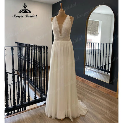 Plunging Boho Deep V Neck Lace Chiffon Wedding Dress for Women 2024 Off Shoulder Beach Bridal Gown Summer abito da sposa Elegant