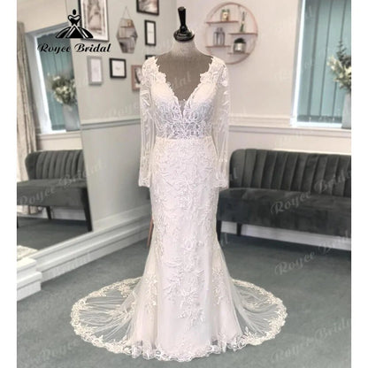 Plunging Deep V Neck Lace Appliques Long Sleeve Backless Wedding Dress for Women 2024 Bridal Gown vestido de boda corte sirena