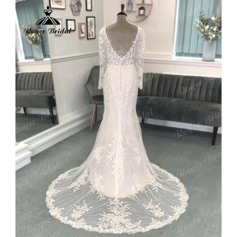 Plunging Deep V Neck Lace Appliques Long Sleeve Backless Wedding Dress for Women 2024 Bridal Gown vestido de boda corte sirena