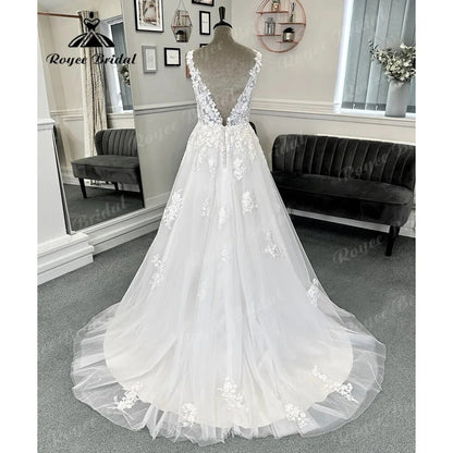 Plunging Deep V Neck Lace Floral Wedding Dress for Women 2024 Appliques Backless Bridal Wedding Dress Custom Made Robe de mariee