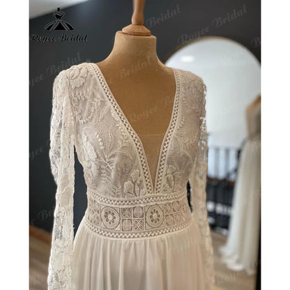 Plunging Deep V Neck Long Sleeve Lace Bodice Chiffon Wedding Dress for Women 2024 Bohemian Bridal Gown trouwjurk Robe de mariee