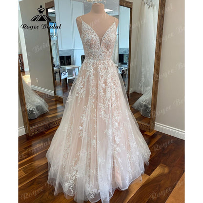 Roycebridal Plunging Lace Beach Blush Pink Spaghetti Wedding Dress for Women 2025 Wedding Gowns for Women Bridal Reception Gown Roycebridal