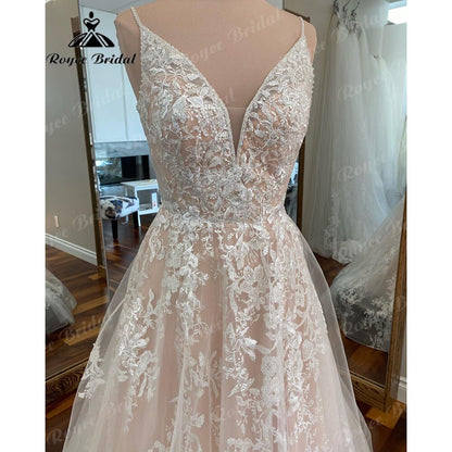 Roycebridal Plunging Lace Beach Blush Pink Spaghetti Wedding Dress for Women 2025 Wedding Gowns for Women Bridal Reception Gown Roycebridal