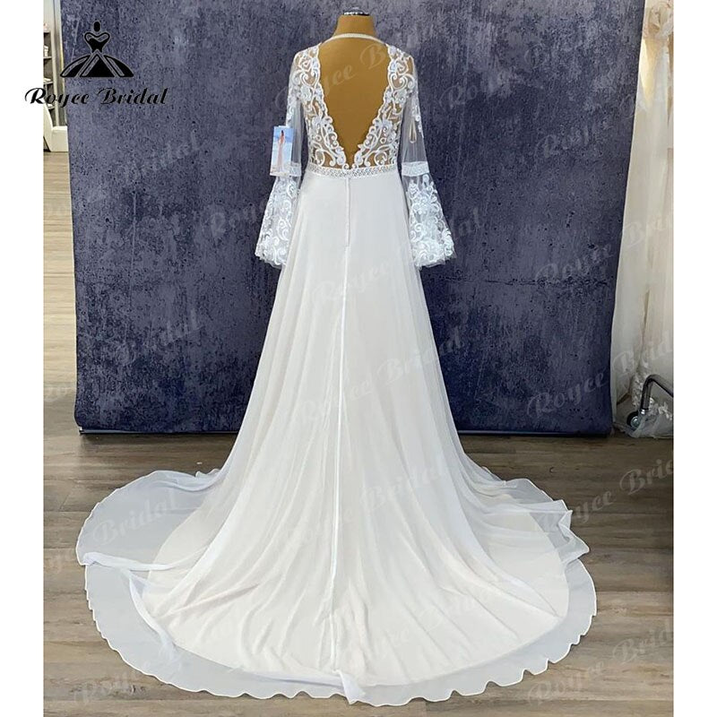 Roycebridal Plus Size Long Puff Sleeve Lace Chiffon A Line Wedding Dress Backless 2025 Elegant Bridal Gown vestidos de novia Sweep Train