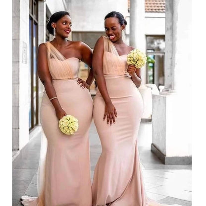 Plus Size One Shoulder Peach Bridesmaid Dresses Long Wedding Guest Dress