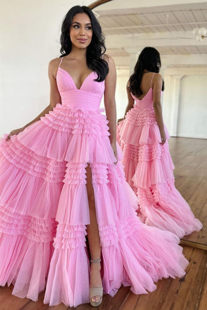 Roycebridal Amanda| A-Line Spaghetti Straps Long Tiered Tulle Prom Dress With Split