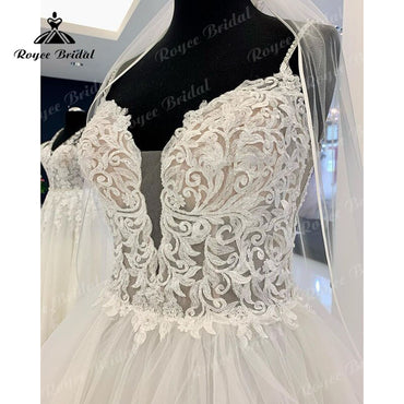 Roycebridal Princess A Line Spaghetti Straps Wedding Dress Deep V Neck Lace Bodice Boho Beach Beadings Wedding party dresses Robe De Mariée