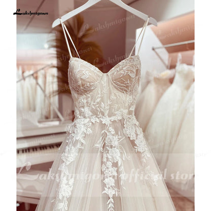 Princess Lace Wedding Dress Bridal Robe  Vestido Spaghetti Straps Chapel Train Champagne Tulle Wedding Gown Lakshmigown