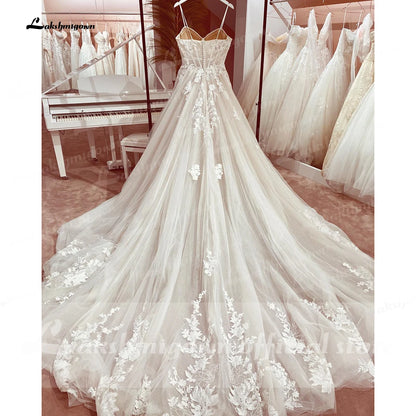 Princess Lace Wedding Dress Bridal Robe  Vestido Spaghetti Straps Chapel Train Champagne Tulle Wedding Gown Lakshmigown