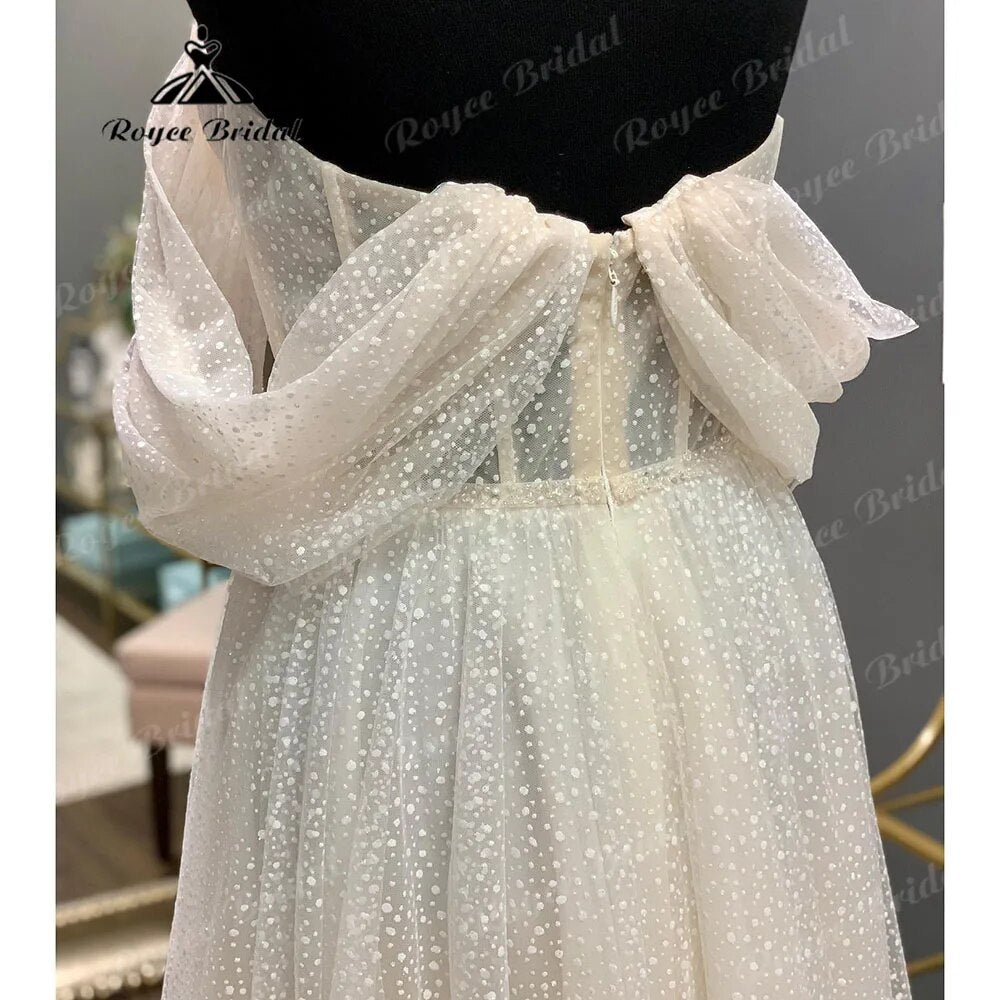 Princess Polka Dots Off Shoulder Short Wedding Dress with Short Cap Sleeve 2024 Wedding Bridal Receipt Party Gown Roycebridal