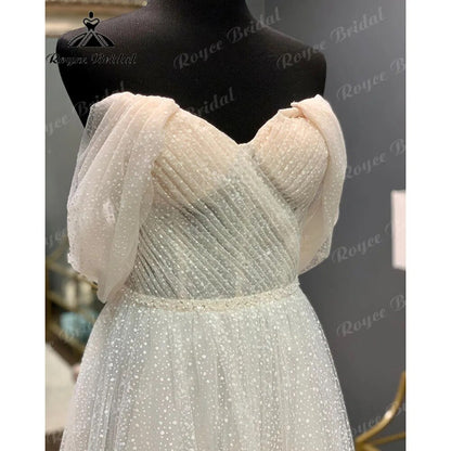 Princess Polka Dots Off Shoulder Short Wedding Dress with Short Cap Sleeve 2024 Wedding Bridal Receipt Party Gown Roycebridal