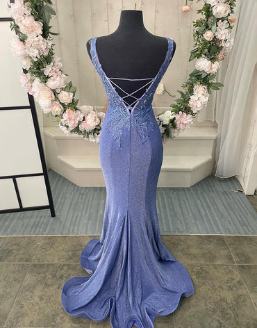 Roycebridal Purple V-Neck Corset Back Long Prom Dress With Appliques