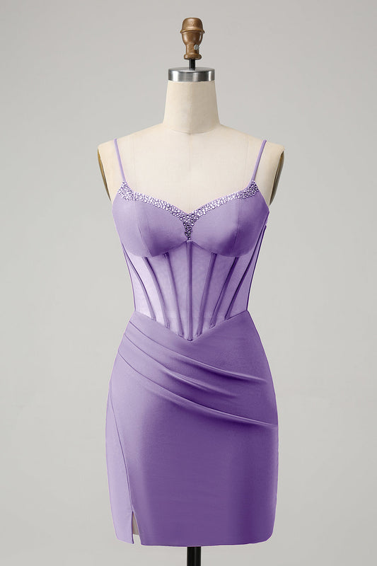 Stylish Purple Bodycon Lace Up Back Beaded Corset Short Homecoming Dress with Slit