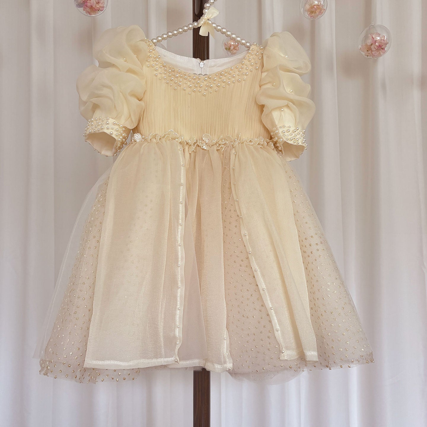 Roycebridal Cute Baby White Beige Flower Girl Dress Pearls Formal Dancing Gown for Kids Wedding Birthday Dinner Party Pageant J096