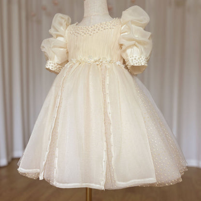 Roycebridal Cute Baby White Beige Flower Girl Dress Pearls Formal Dancing Gown for Kids Wedding Birthday Dinner Party Pageant J096