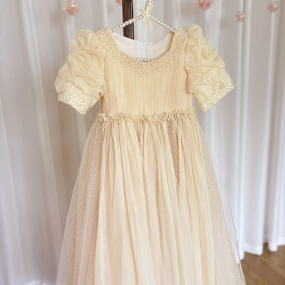 Roycebridal Cute Baby White Beige Flower Girl Dress Pearls Formal Dancing Gown for Kids Wedding Birthday Dinner Party Pageant J096