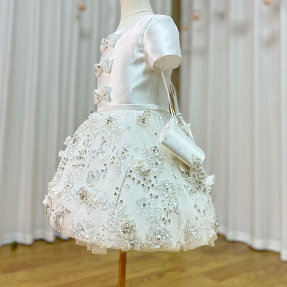 Roycebridal Luxury Arabic White Girl Dress Bow Handmade Flowers with Glove Baby Kid Princess Wedding Birthday Party Gown 2025 J357