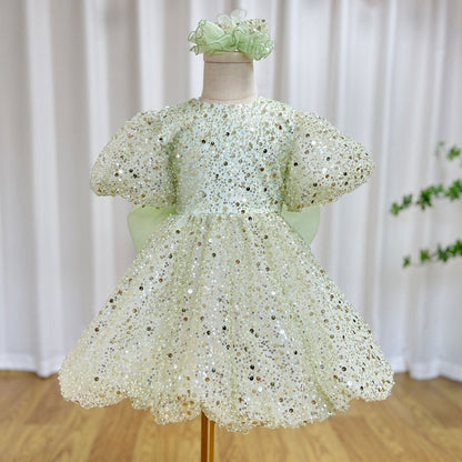 Roycebridal Luxury Elegant Shiny Sage Girl Dress Bow Princess Baby Kids Wedding Birthday Party Gown First Communion Pageant J156