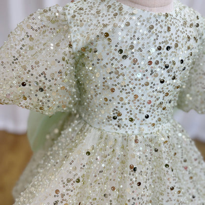 Roycebridal Luxury Elegant Shiny Sage Girl Dress Bow Princess Baby Kids Wedding Birthday Party Gown First Communion Pageant J156