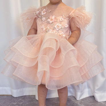 Roycebridal Luxury Pink Baby Flower Girl Dress Feathers Princess Kids Ball Gown for Birthday Wedding Party Holy Communion J144