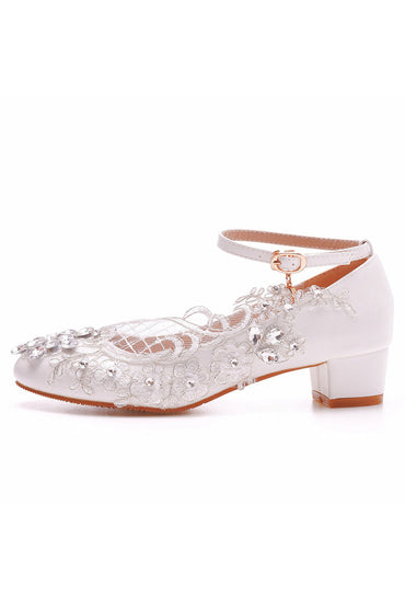 Roycebridal Round Toe Lace Rhinestones Ankle Strap Chunky Heel Wedding Shoes