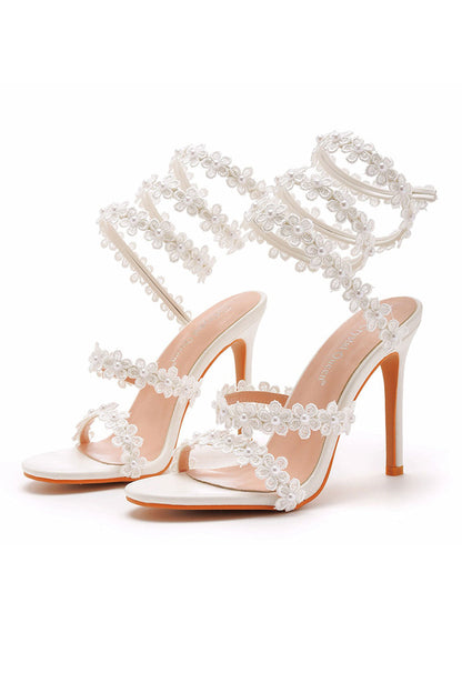 White Flower Ankle Wrap Strap Open Toe Ultra High Heels