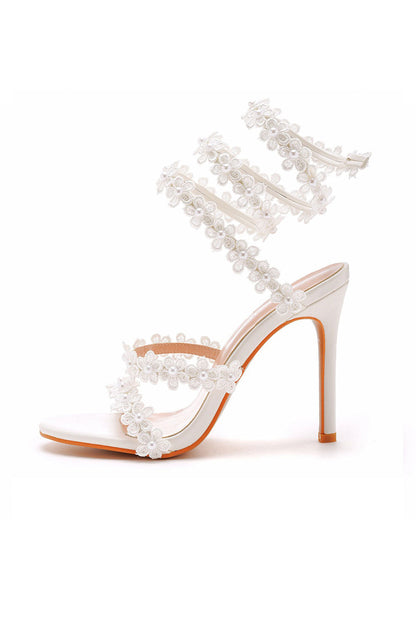 White Flower Ankle Wrap Strap Open Toe Ultra High Heels