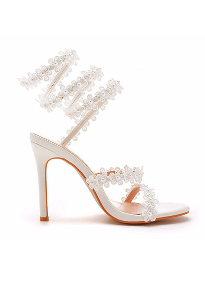 White Flower Ankle Wrap Strap Open Toe Ultra High Heels