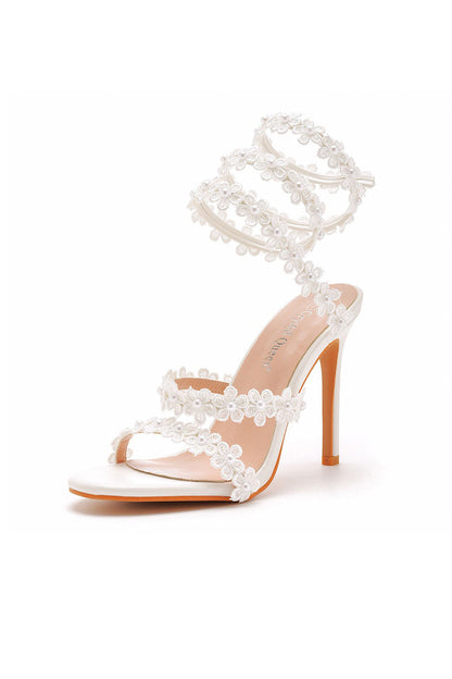 White Flower Ankle Wrap Strap Open Toe Ultra High Heels