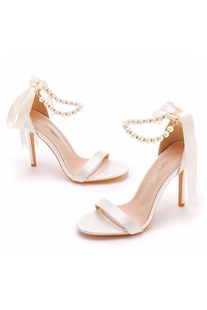 Satin Pearl Open Toe Ankle Strap High Heels