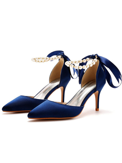 Pearl Ribbon Pointed Toe Ankle Strap Satin High Heels