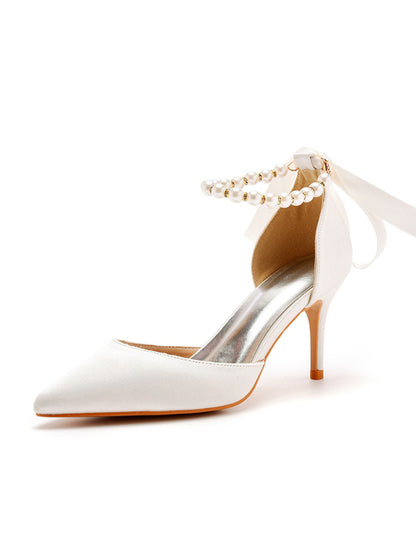 Pearl Ribbon Pointed Toe Ankle Strap Satin High Heels