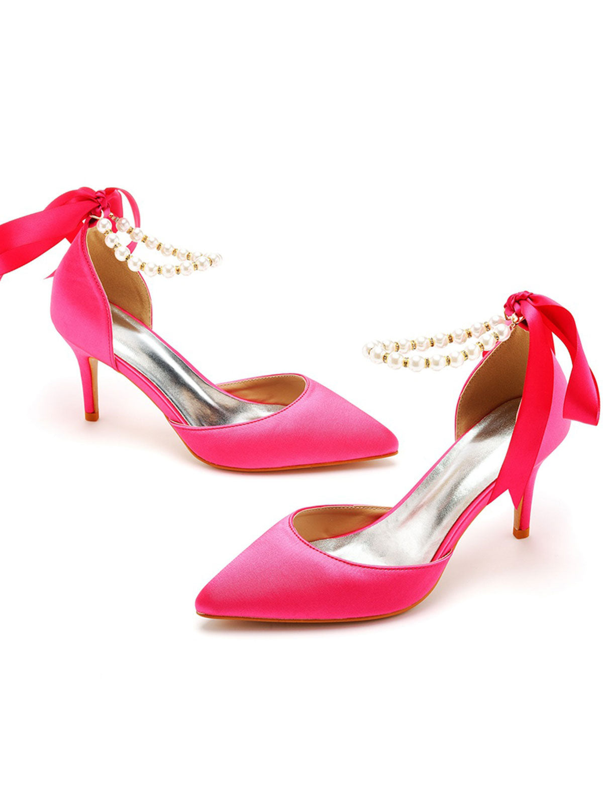 Pearl Ribbon Pointed Toe Ankle Strap Satin High Heels