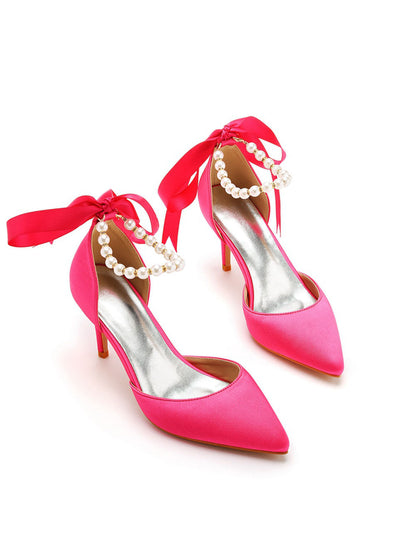 Pearl Ribbon Pointed Toe Ankle Strap Satin High Heels