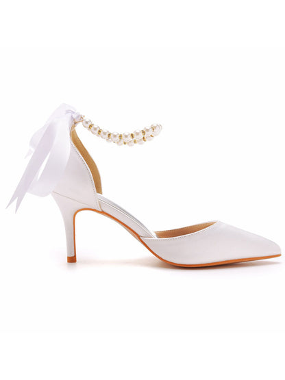 Pearl Ribbon Pointed Toe Ankle Strap Satin High Heels