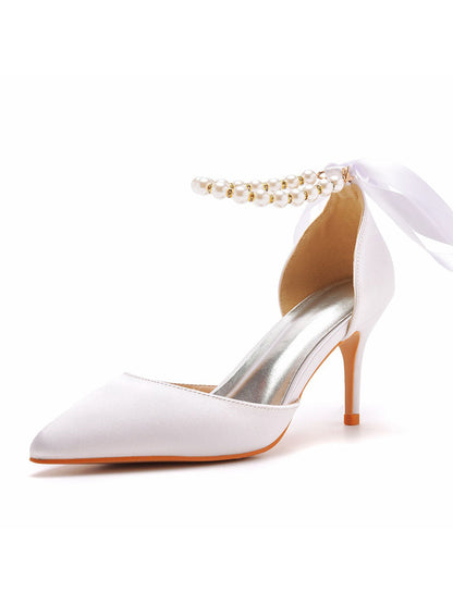 Pearl Ribbon Pointed Toe Ankle Strap Satin High Heels