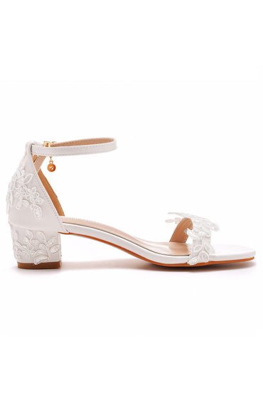 Elegant White Lace Open Toe Ankle-strap Block Heels