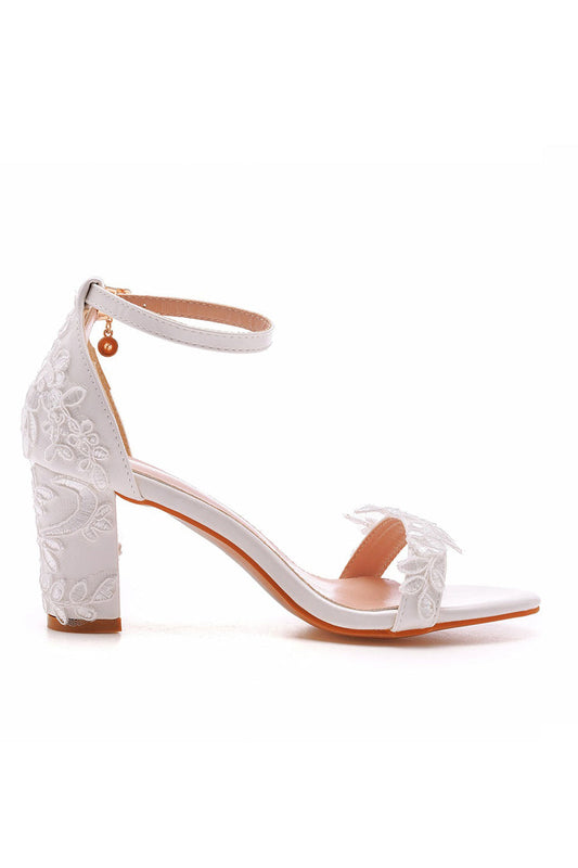 Elegant White Lace Open Toe Ankle-strap Block Heels