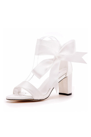 Ivory Satin Tied Open Toe Ankle Strap Chunky Heel Sandals