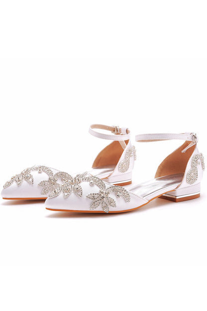 White Satin Rhinestone Flowers Pointed Toe Ankle Strap Chunky Heels