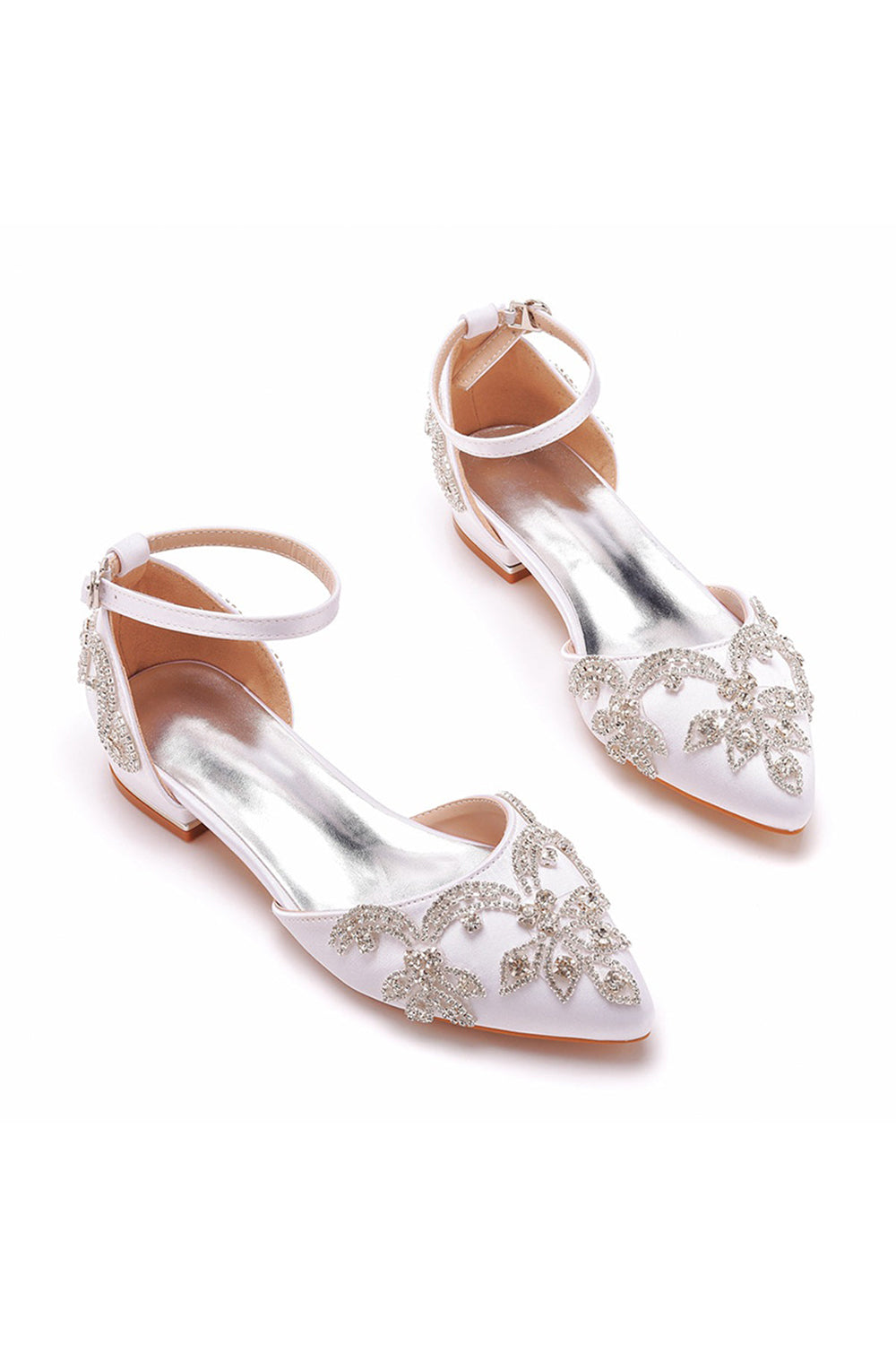 White Satin Rhinestone Flowers Pointed Toe Ankle Strap Chunky Heels