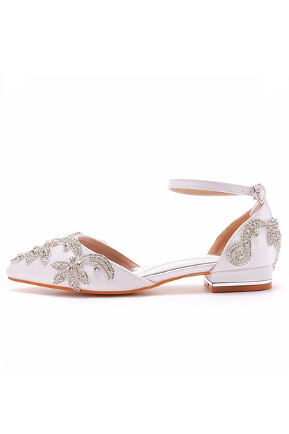 White Satin Rhinestone Flowers Pointed Toe Ankle Strap Chunky Heels