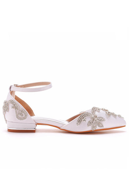 White Satin Rhinestone Flowers Pointed Toe Ankle Strap Chunky Heels