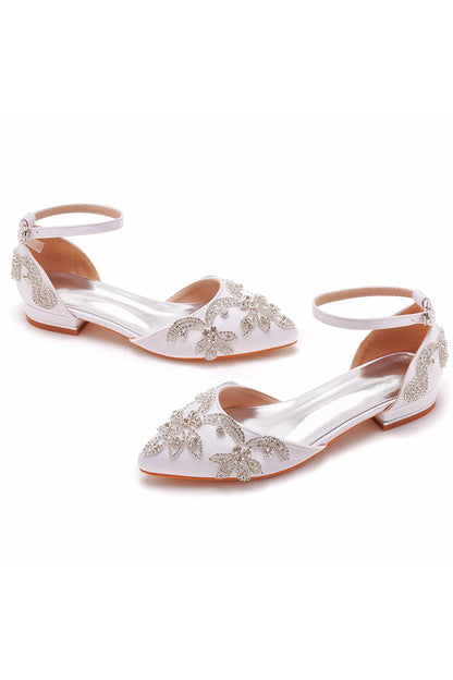 White Satin Rhinestone Flowers Pointed Toe Ankle Strap Chunky Heels