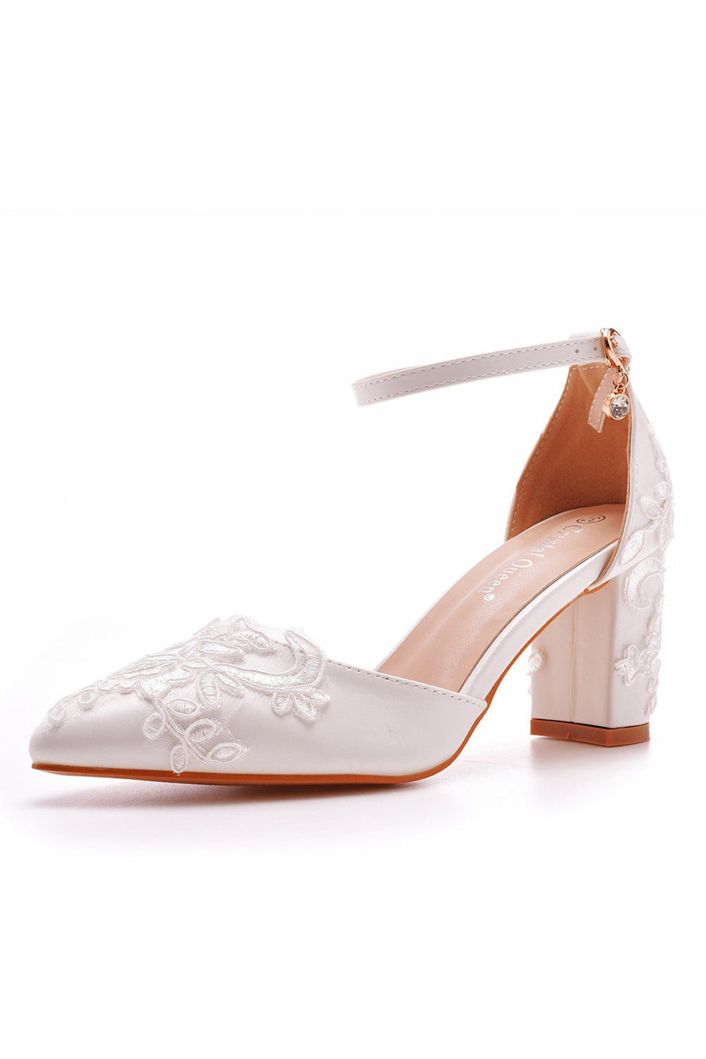 White Pointed Toe Lace Ankle Strap Chunky Heels