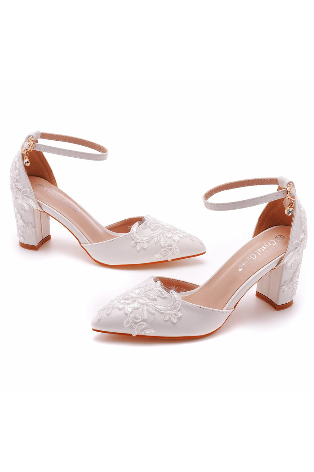 White Pointed Toe Lace Ankle Strap Chunky Heels