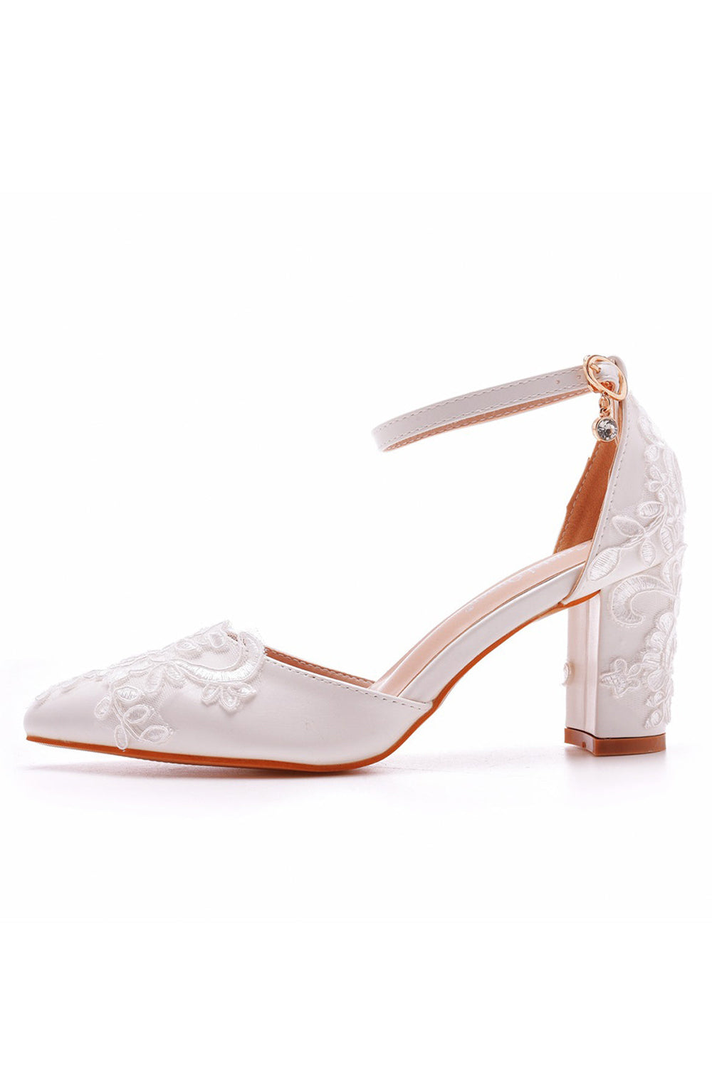 White Pointed Toe Lace Ankle Strap Chunky Heels