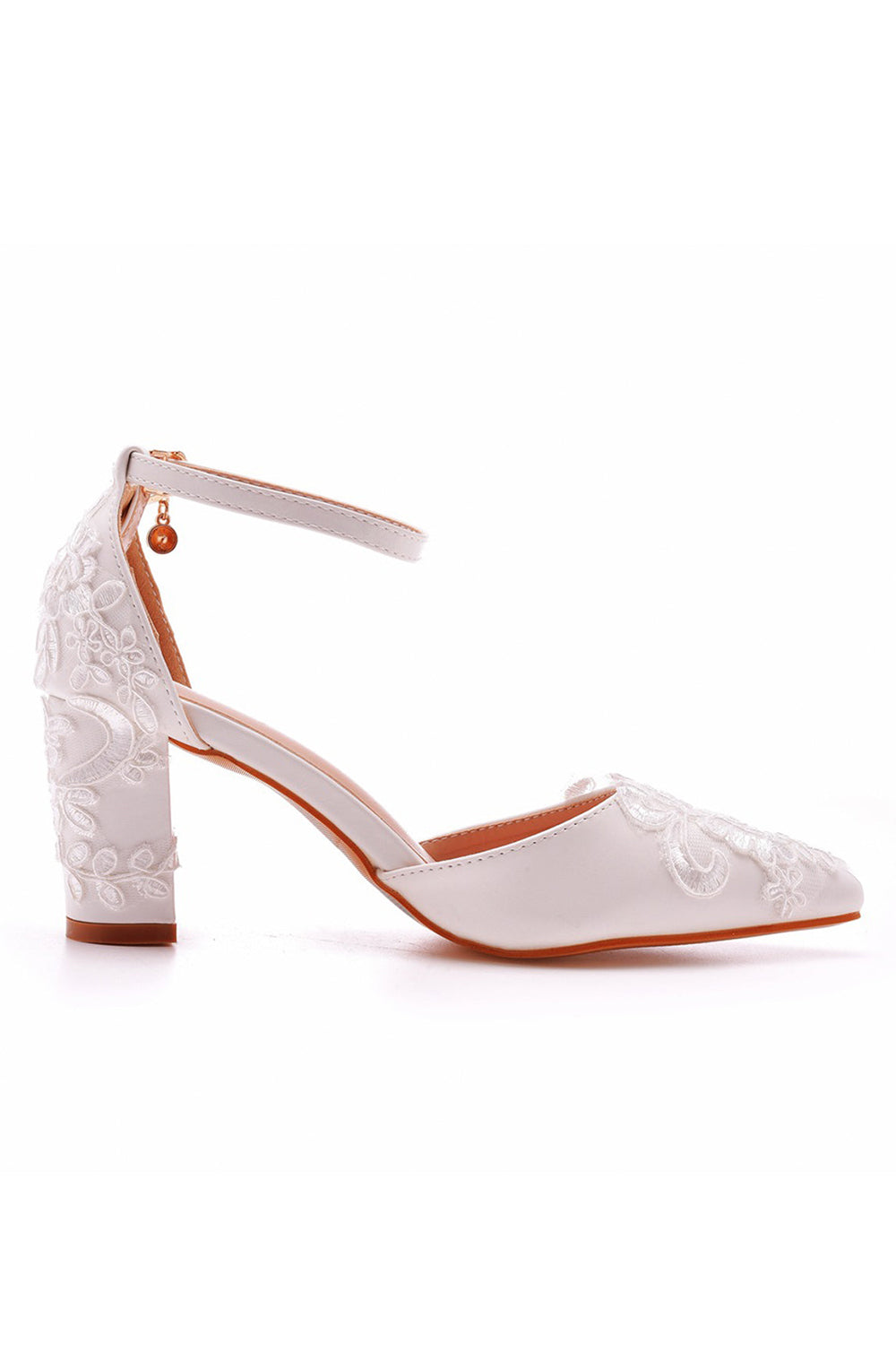 White Pointed Toe Lace Ankle Strap Chunky Heels